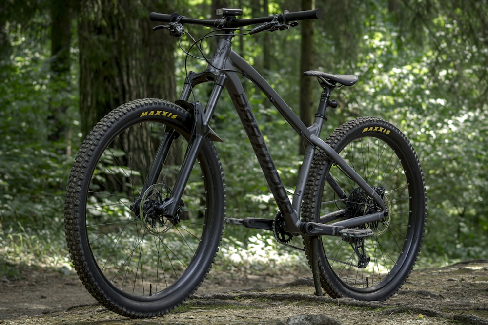 un vélo de montagne stationné dans une zone boisée