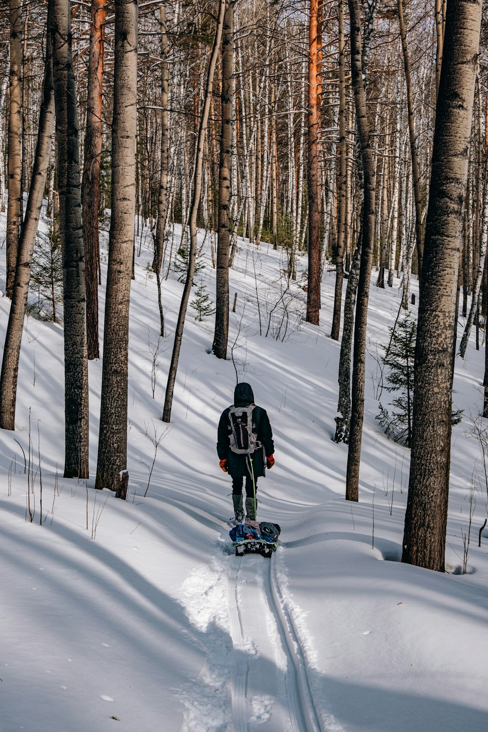 a man riding a snowboard down a snow covered forest