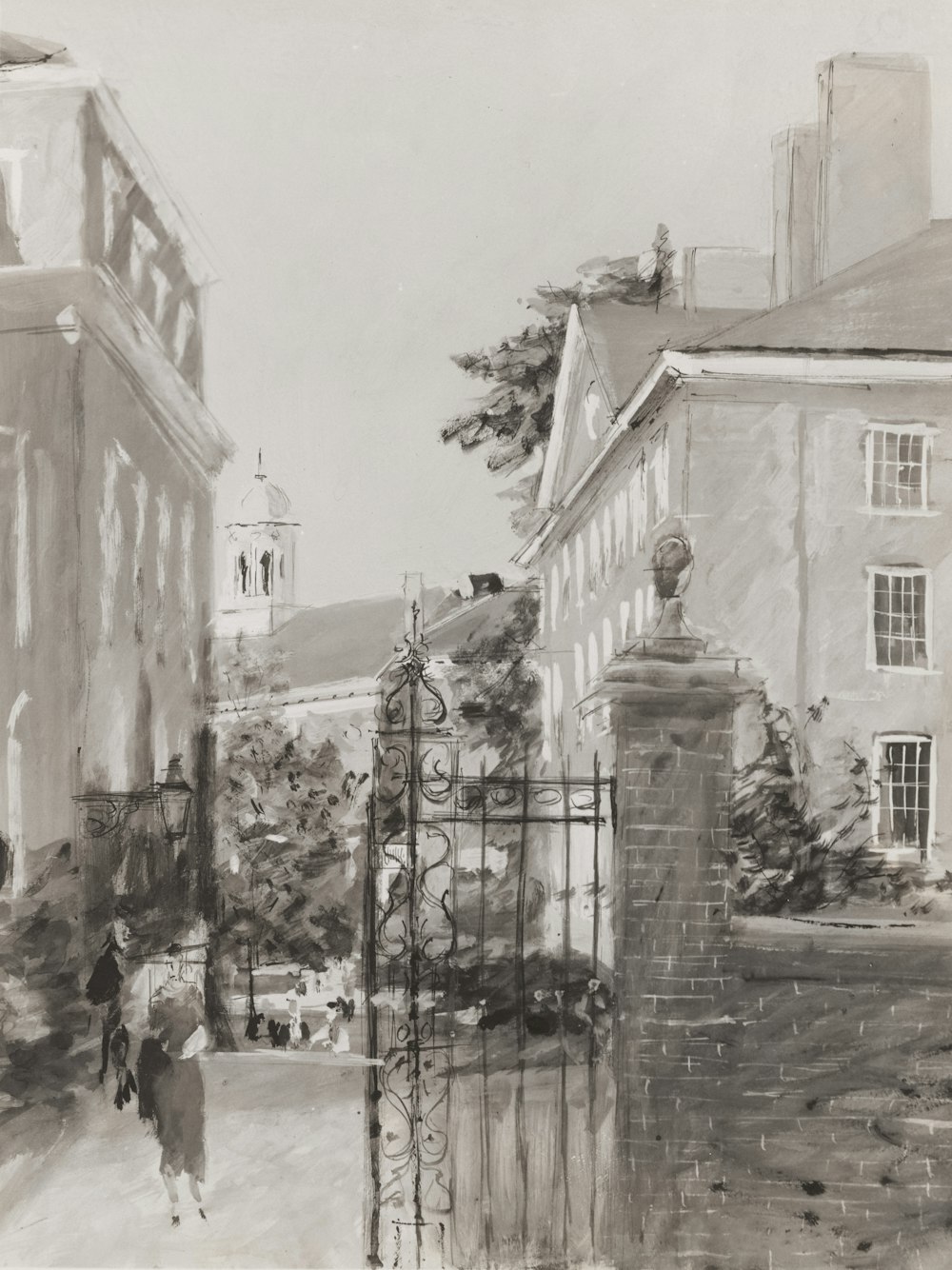 a black and white photo of a person walking down a street