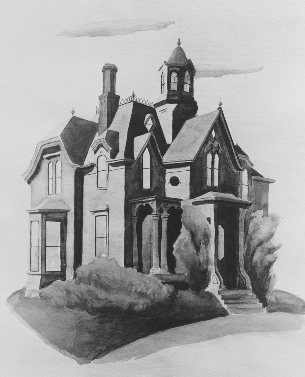 a black and white drawing of a house