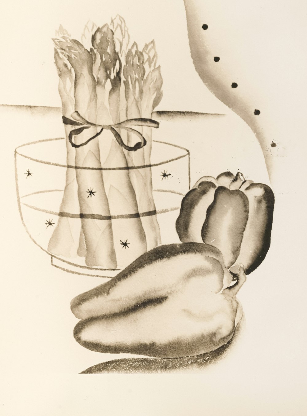 a drawing of a bowl of vegetables on a table