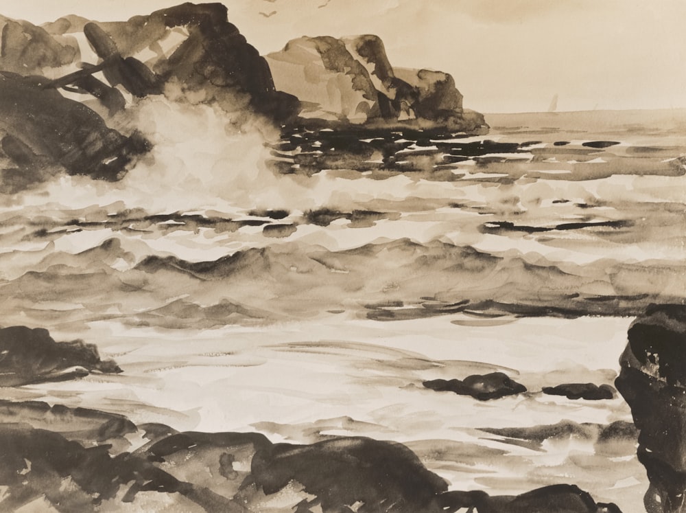 a black and white painting of a rocky beach