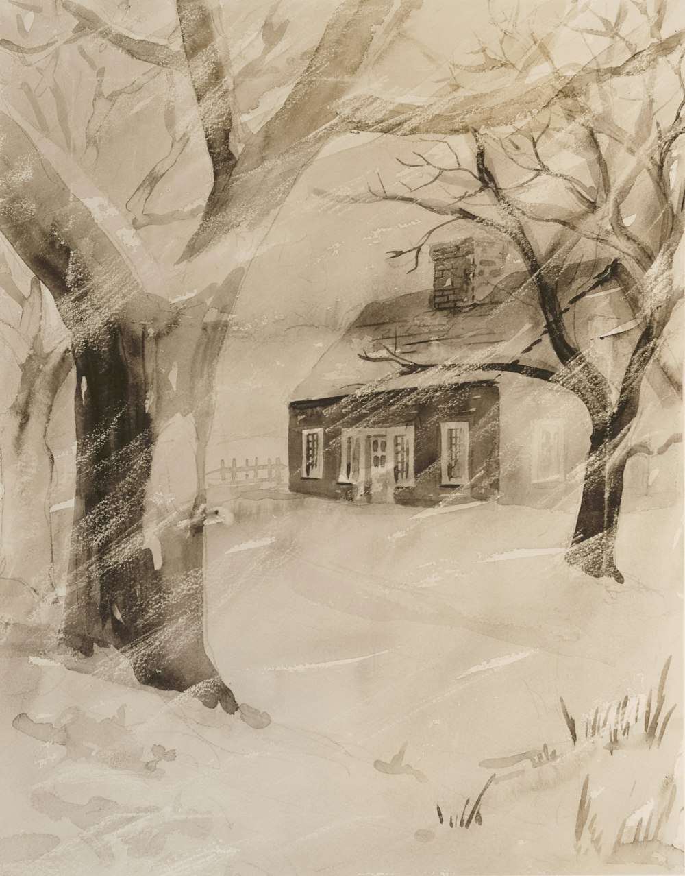 a drawing of a house in the snow