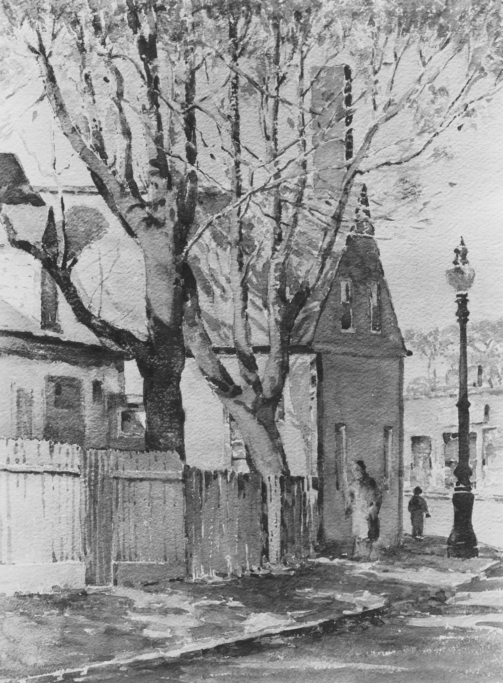 a black and white drawing of a tree and a building