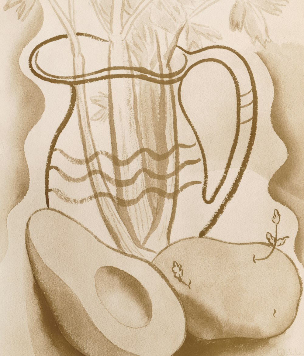 a drawing of a pitcher of flowers and a hat