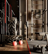a gym with a row of exercise equipment