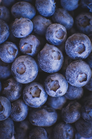 a close up of blueberries with water droplets on them