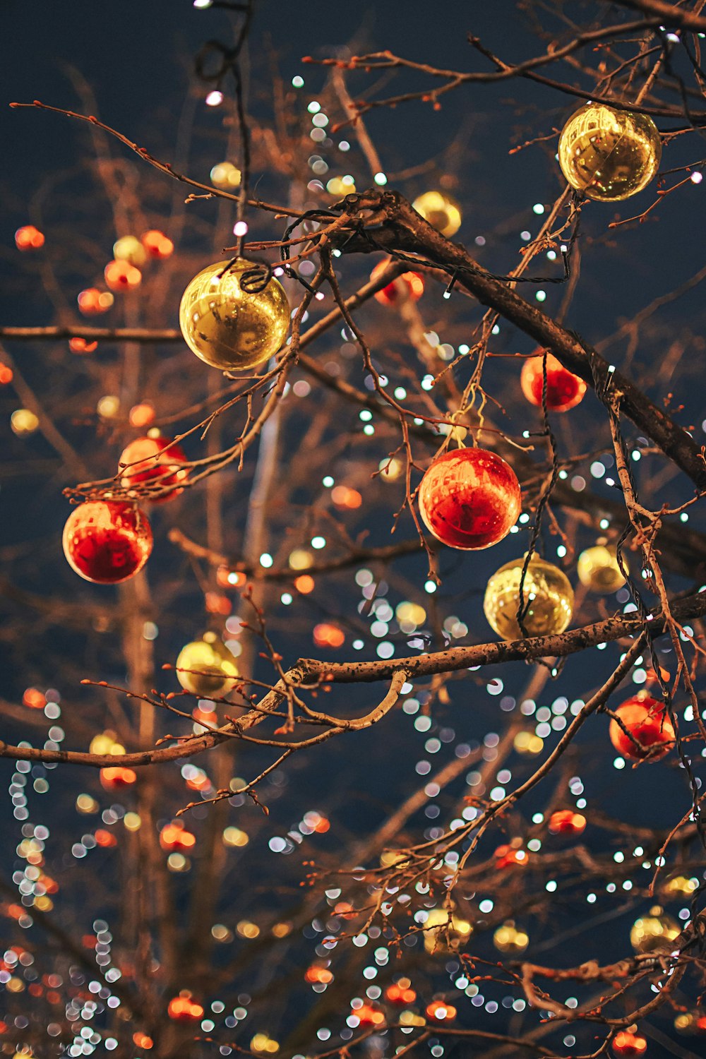 a tree with ornaments hanging from it's branches