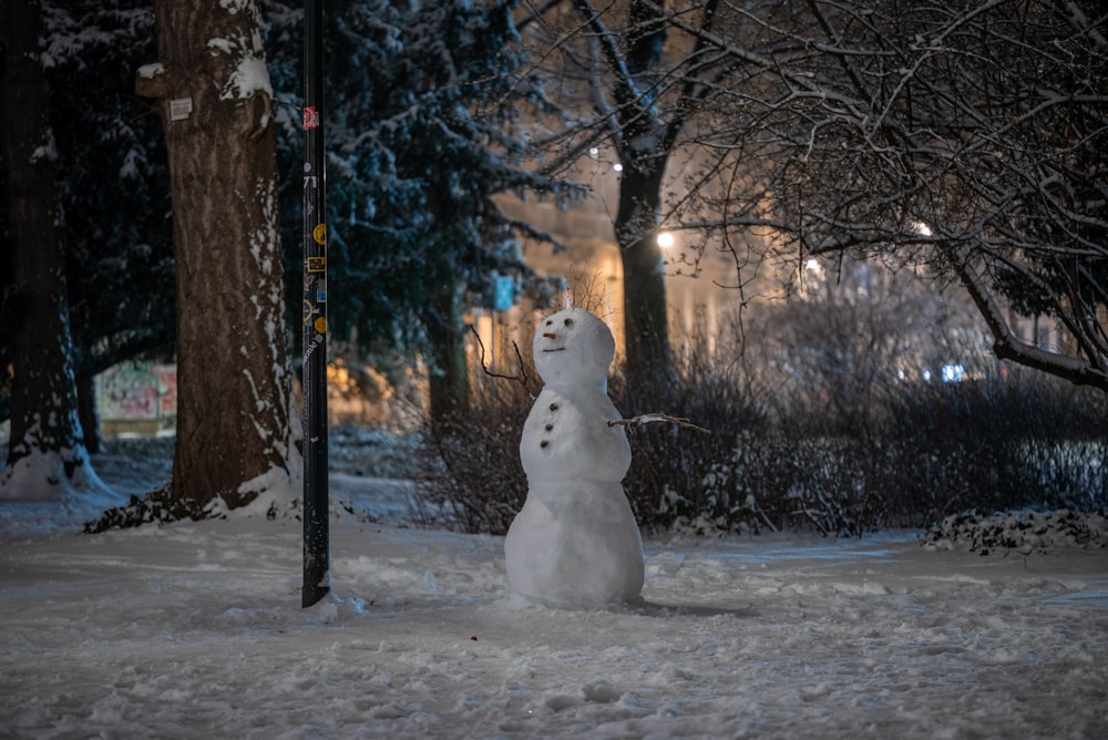 a snowman is standing next to a street light