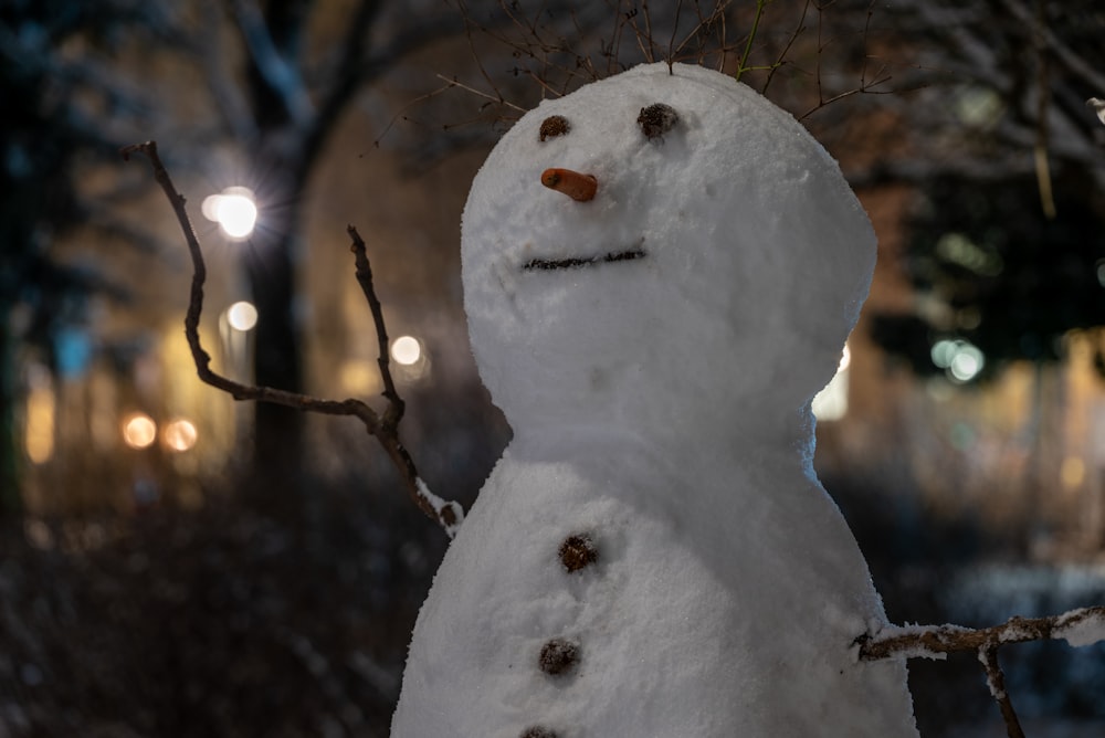 un muñeco de nieve que está parado en la nieve
