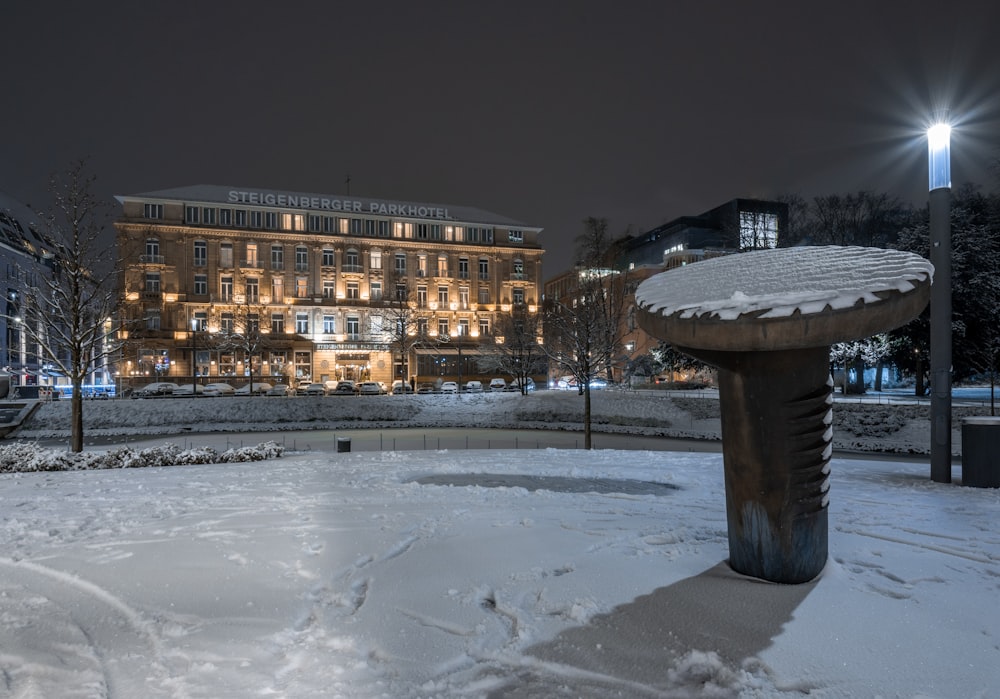 a fountain in the middle of a snow covered park