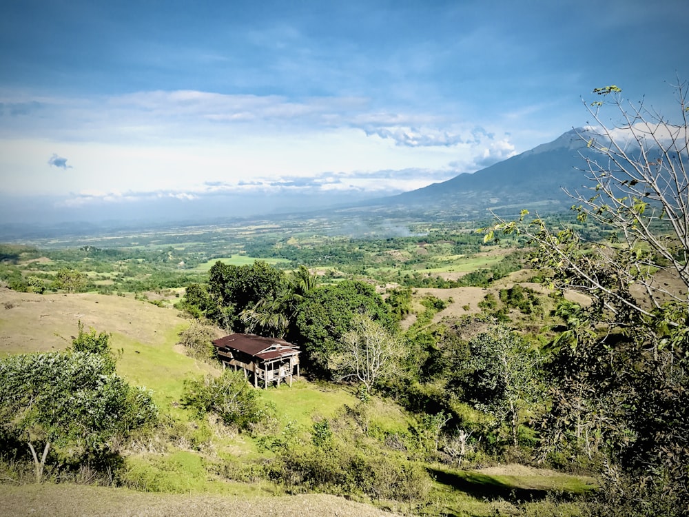 a house in the middle of a field with a mountain in the background