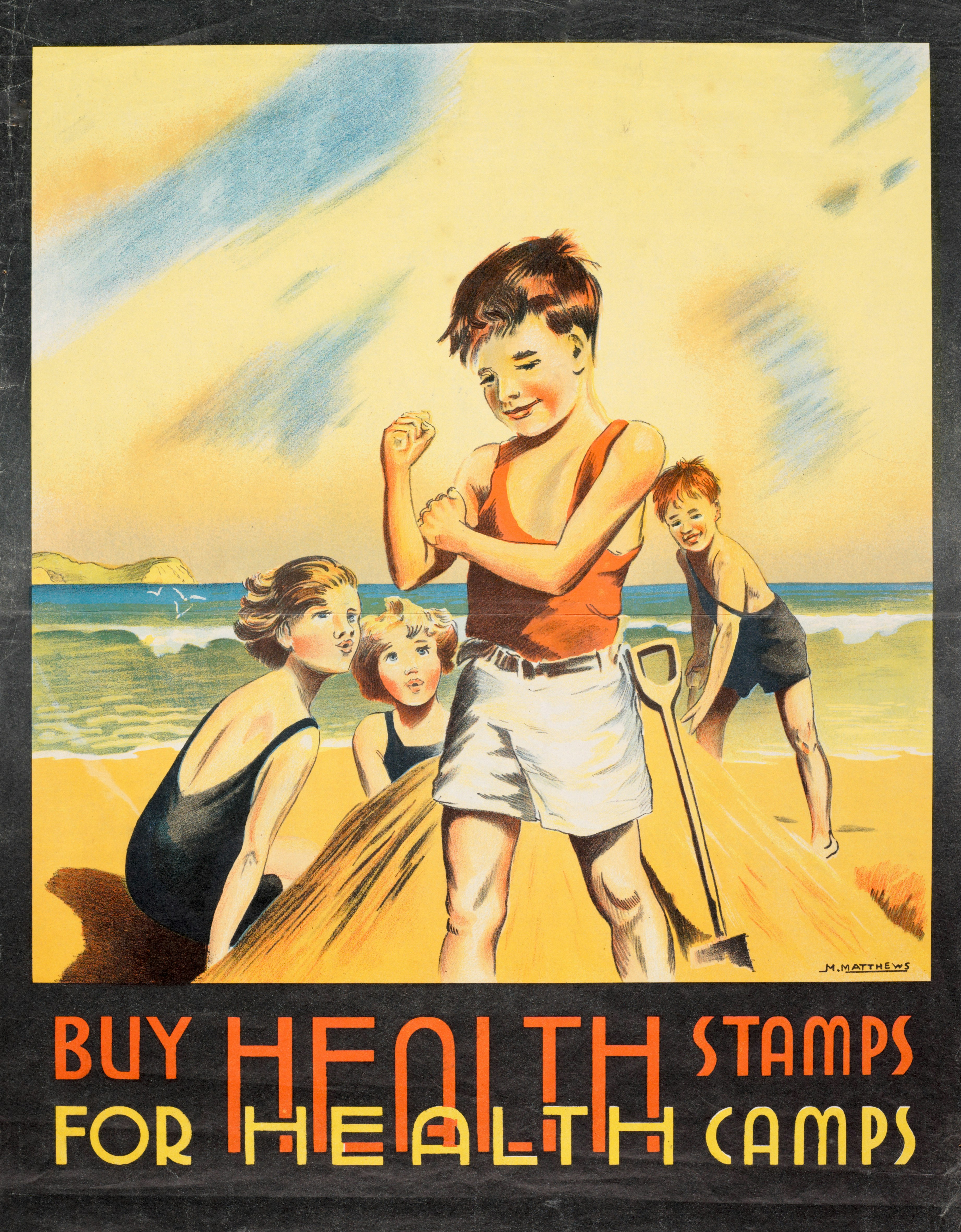 Children playing on a sandy beach with health stamp advertisement.
