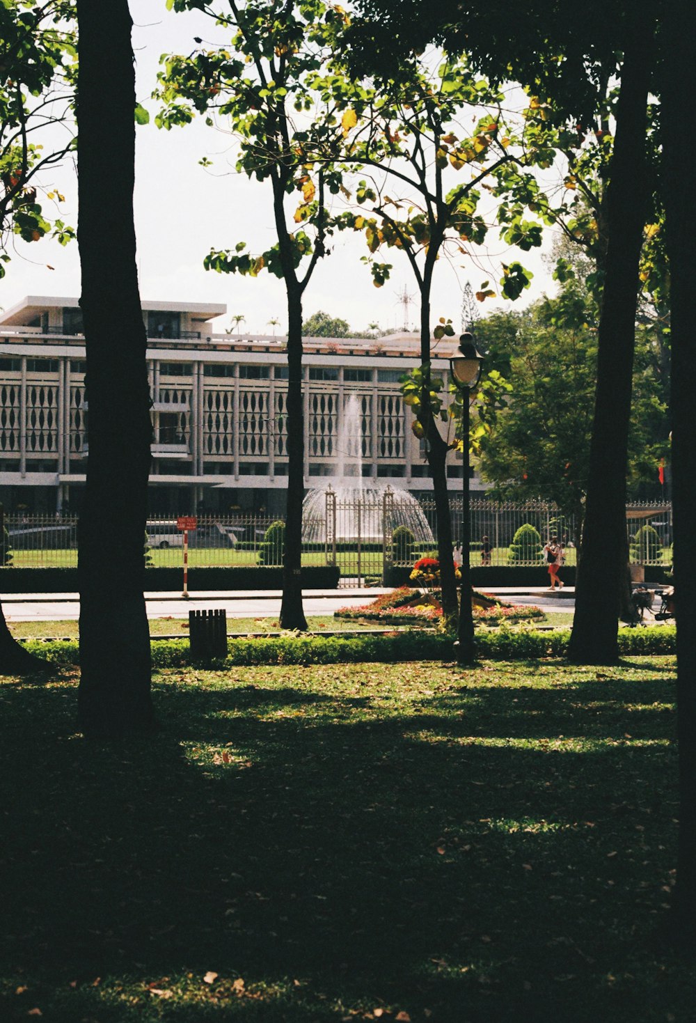 a park with trees and a building in the background