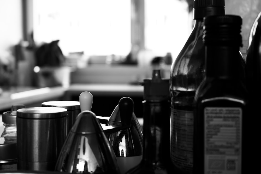 black and white photograph of a kitchen counter