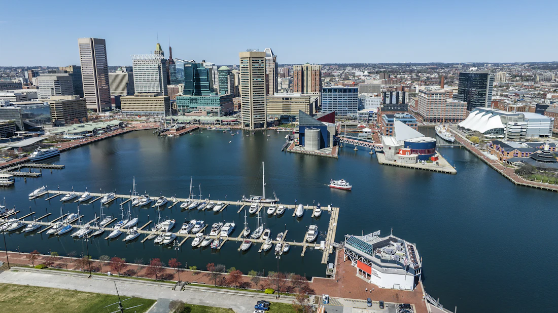 Boats in a Baltimore marina with the downtown skyline behind them