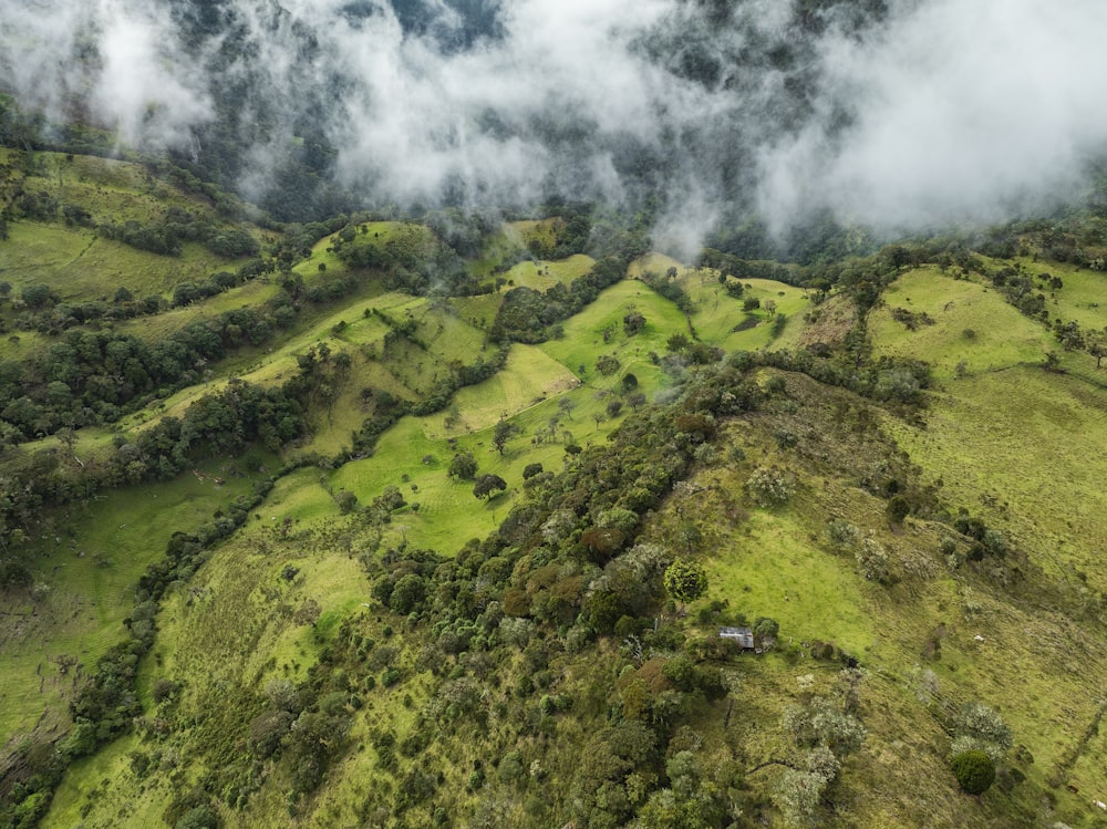 an aerial view of a lush green valley