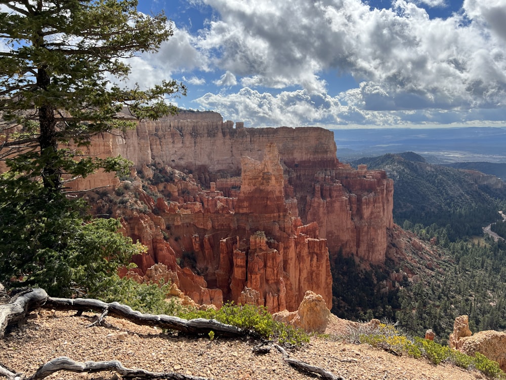 a scenic view of a valley and mountains