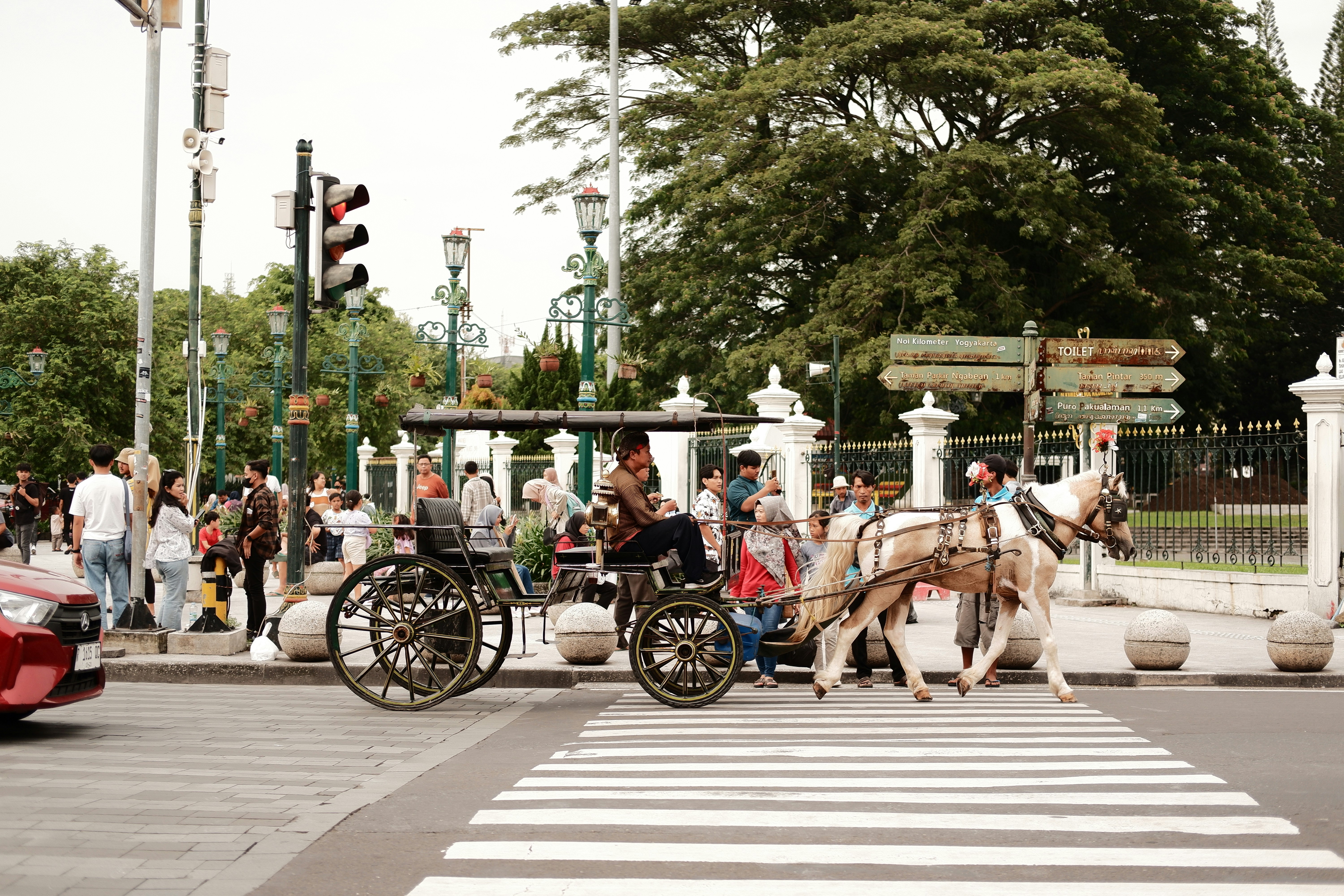 a horse drawn carriage on a city street, traditional tourist transportation