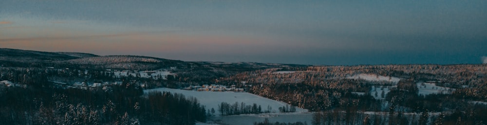 a snowy landscape with trees and a lake