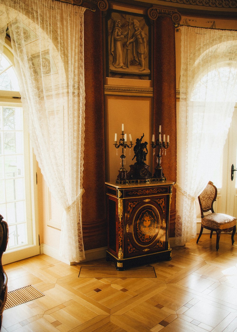 a room with a table and a chair in it