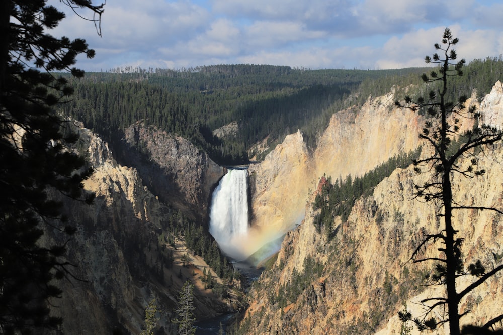a view of a waterfall with a rainbow in the middle