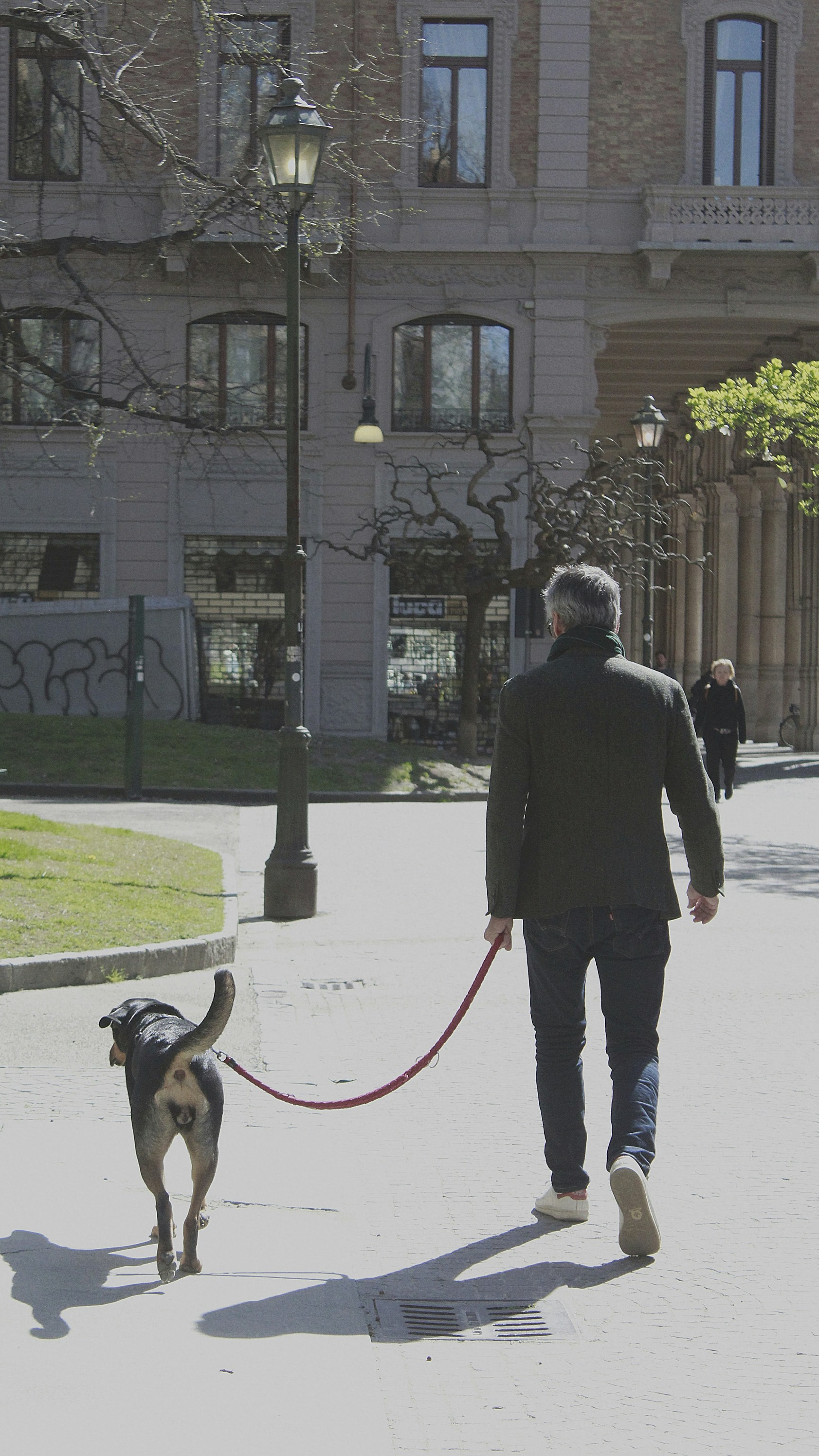 a man walking a dog down a street