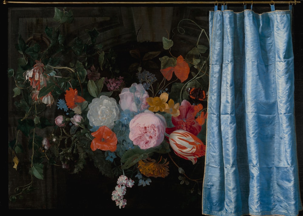 a painting of a vase of flowers next to a curtain