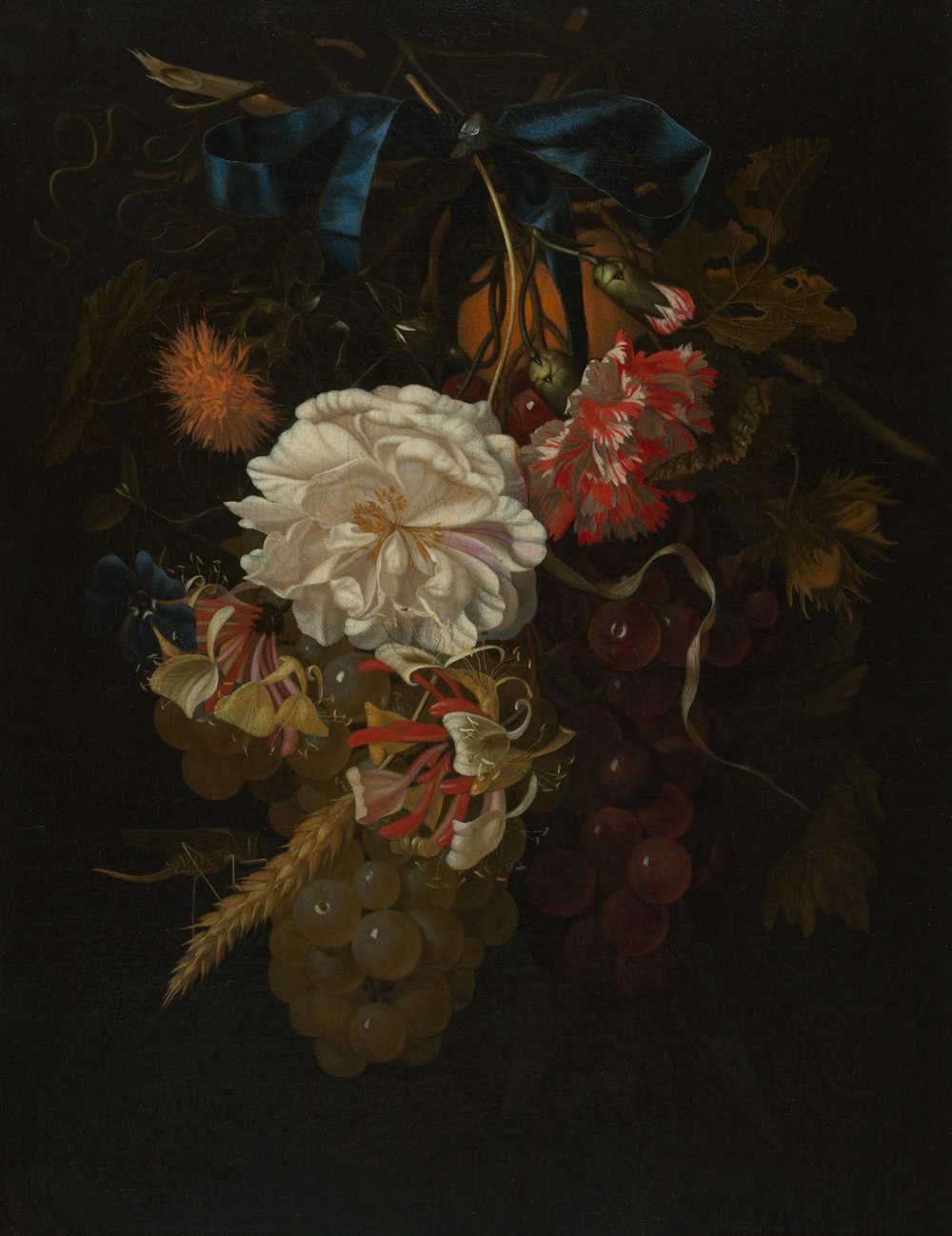 una pintura de flores y frutas sobre una mesa