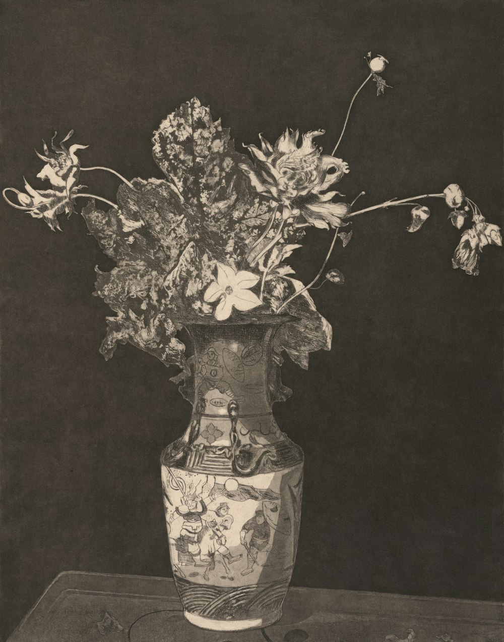 a black and white photo of flowers in a vase