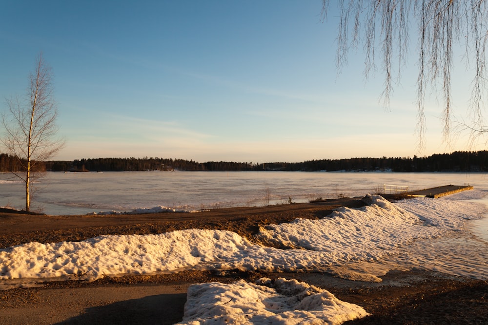 a frozen lake with snow on the ground and trees in the background