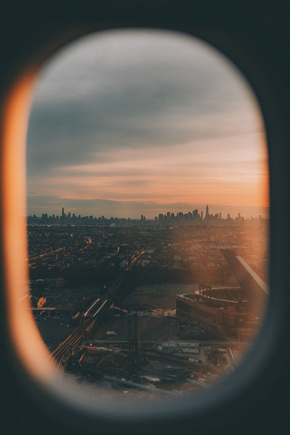 a view of a city from an airplane window