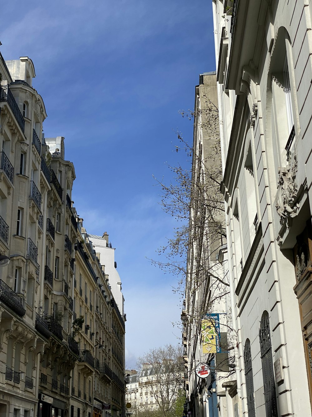 a city street lined with tall buildings under a blue sky