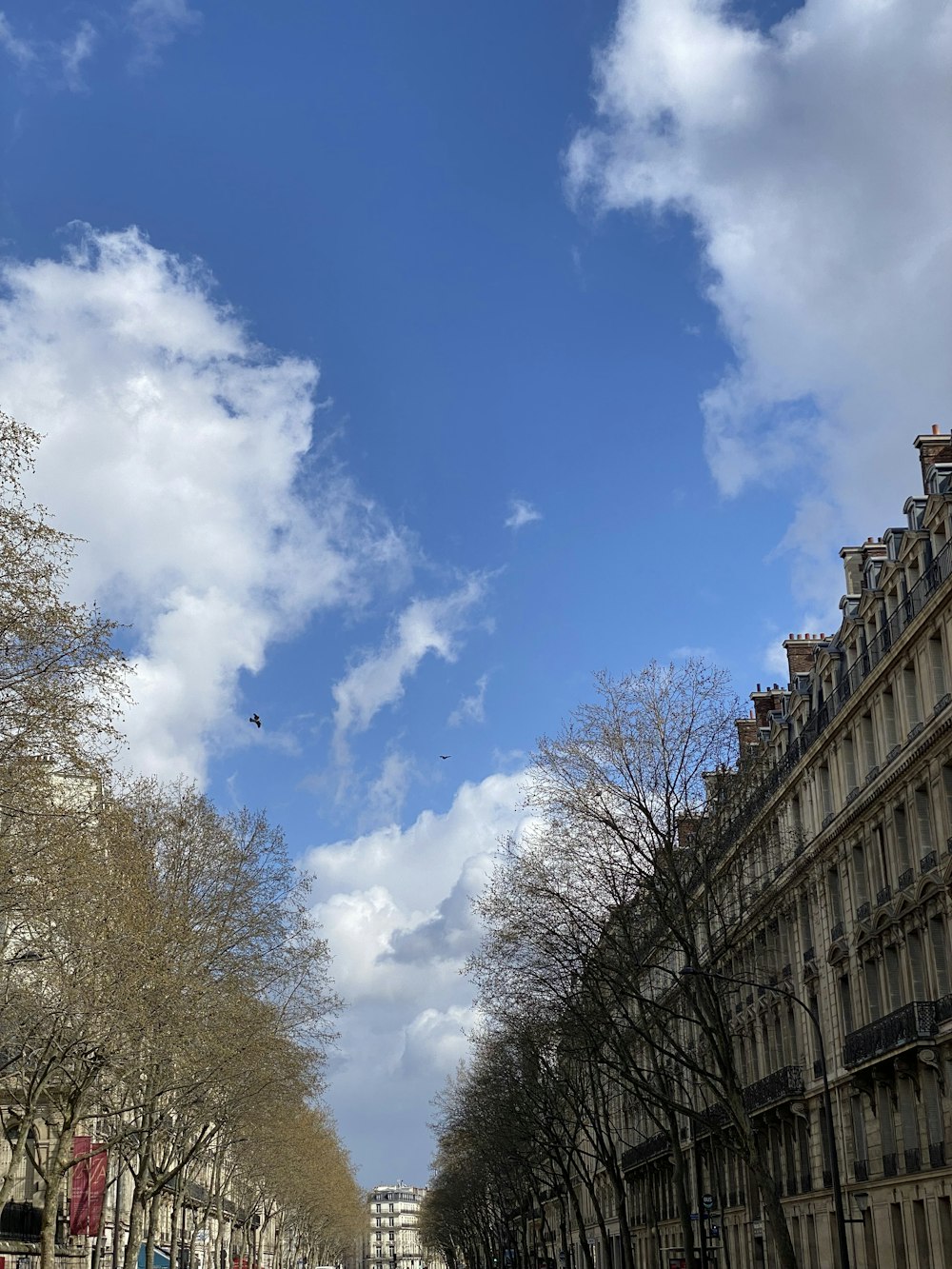 a street lined with tall buildings under a cloudy blue sky