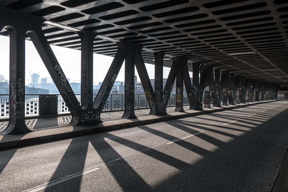 a view of the underside of a bridge