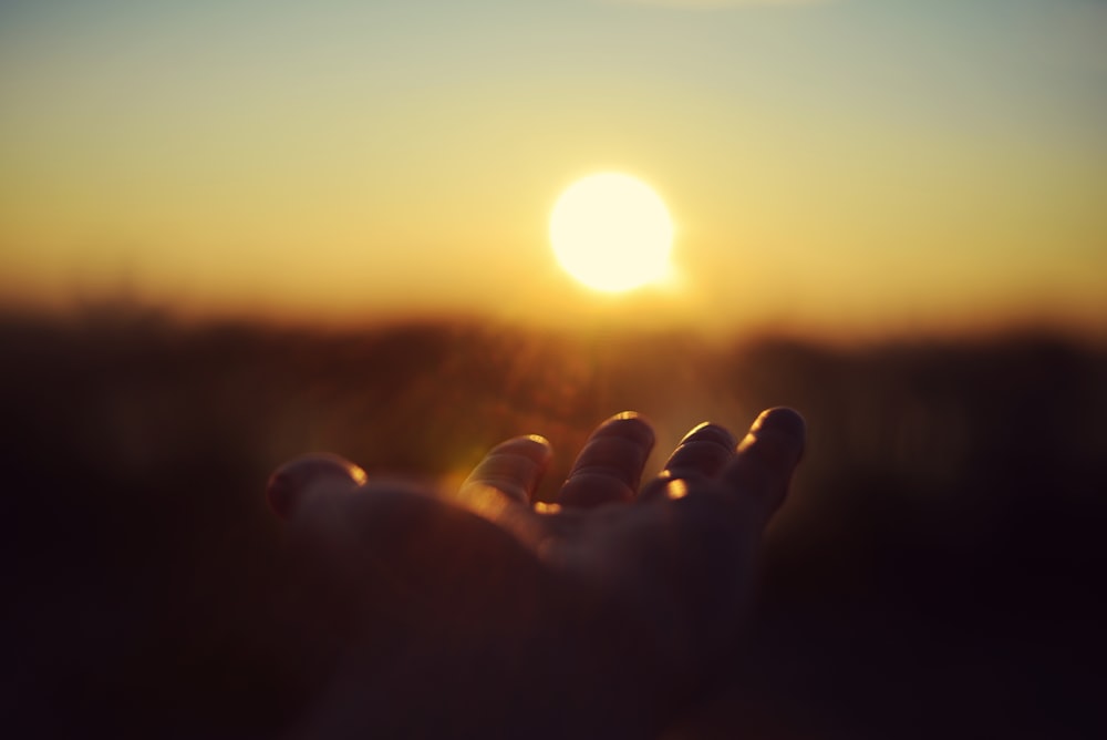 a person holding their hand out in front of the sun