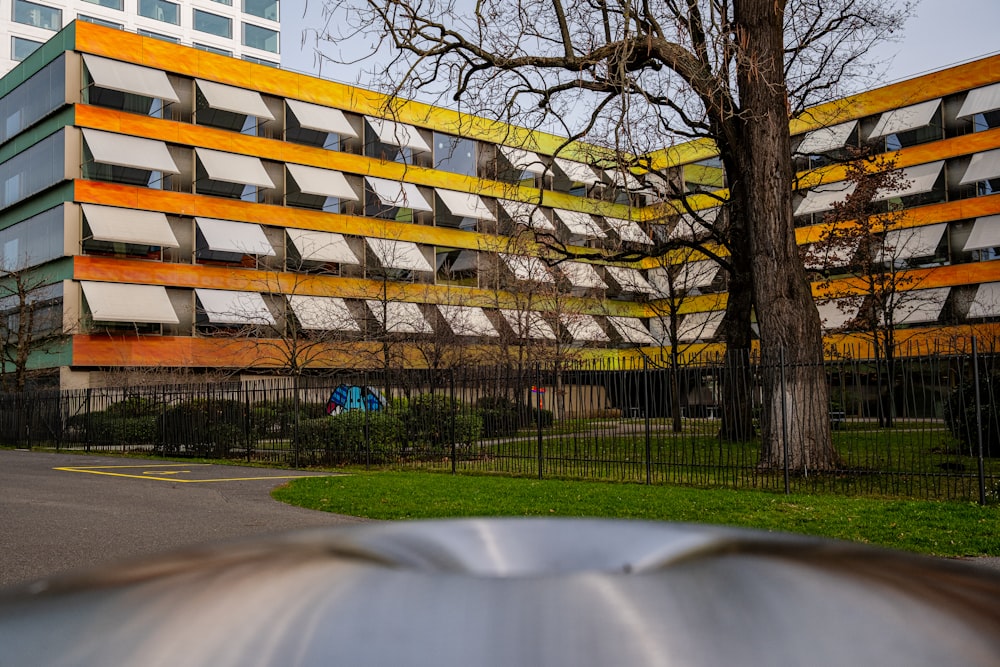 a large building with a lot of windows next to a tree