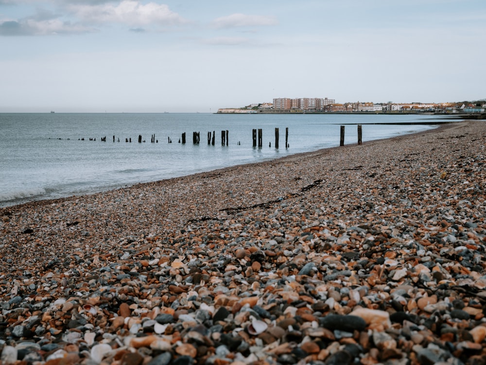 a rocky beach with a pier in the distance