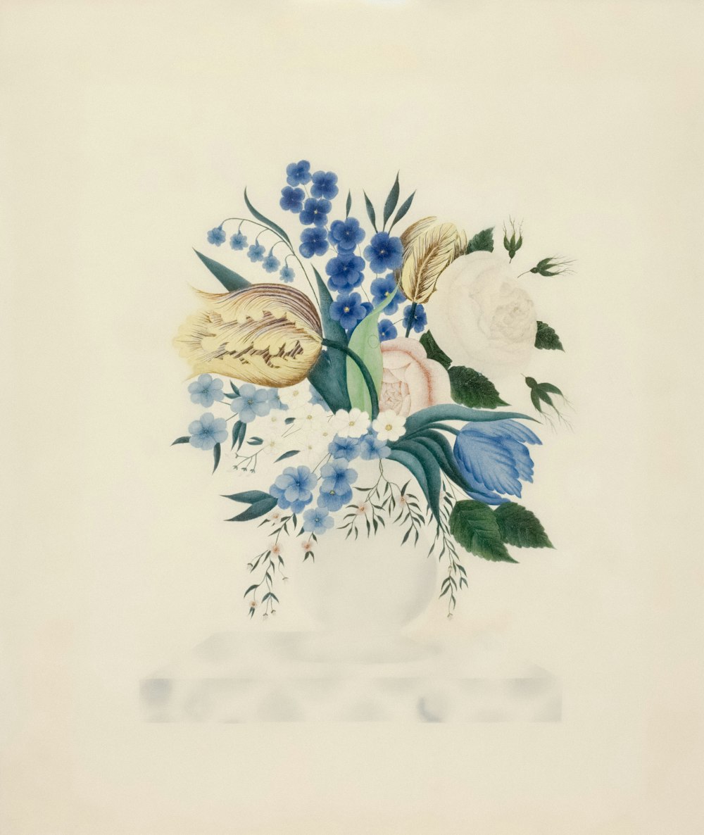 a painting of flowers in a white vase