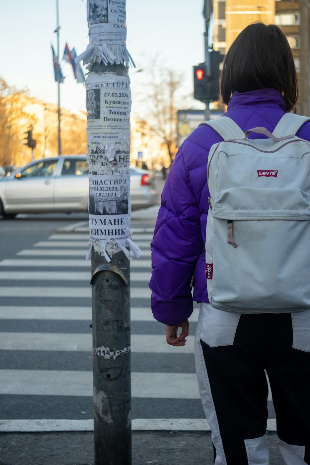 a person in a purple jacket is walking down the street
