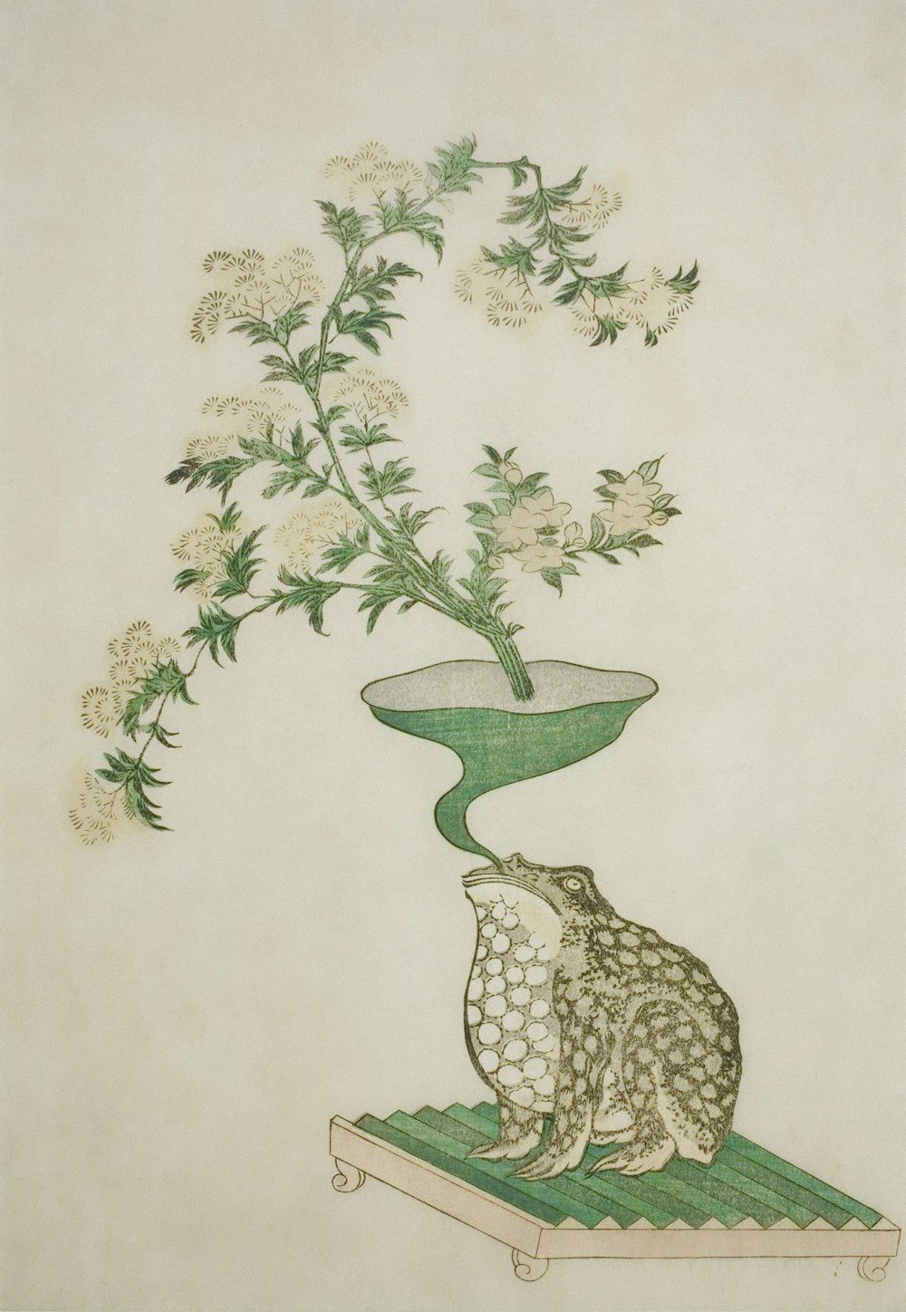a drawing of a cat sitting on a table next to a vase with flowers