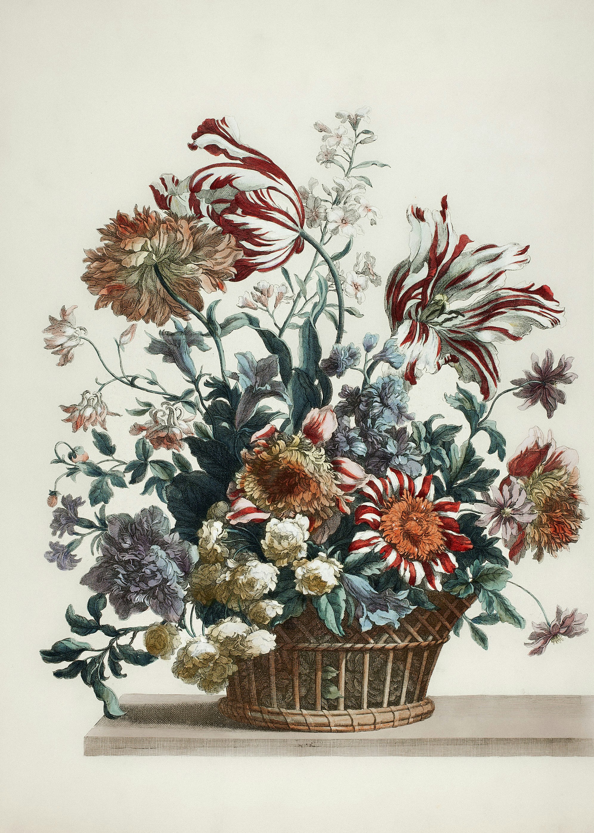 una pintura de flores en una canasta sobre una mesa