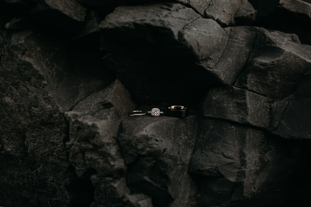 a couple of rings sitting on top of a rock