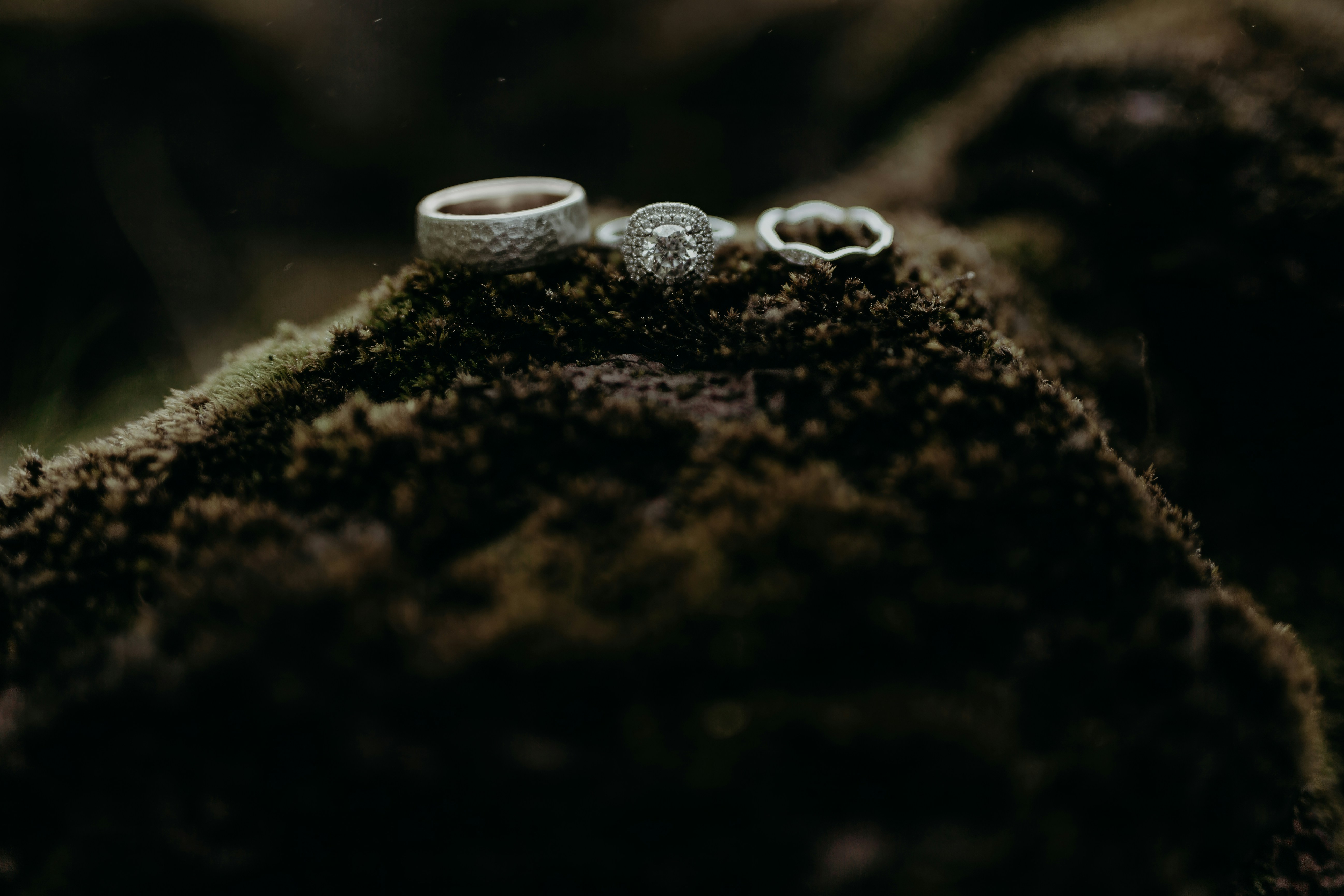 photo of the rings with diamonds lying on the moss in Iceland