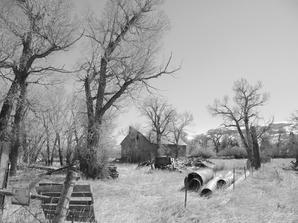 a black and white photo of an abandoned farm