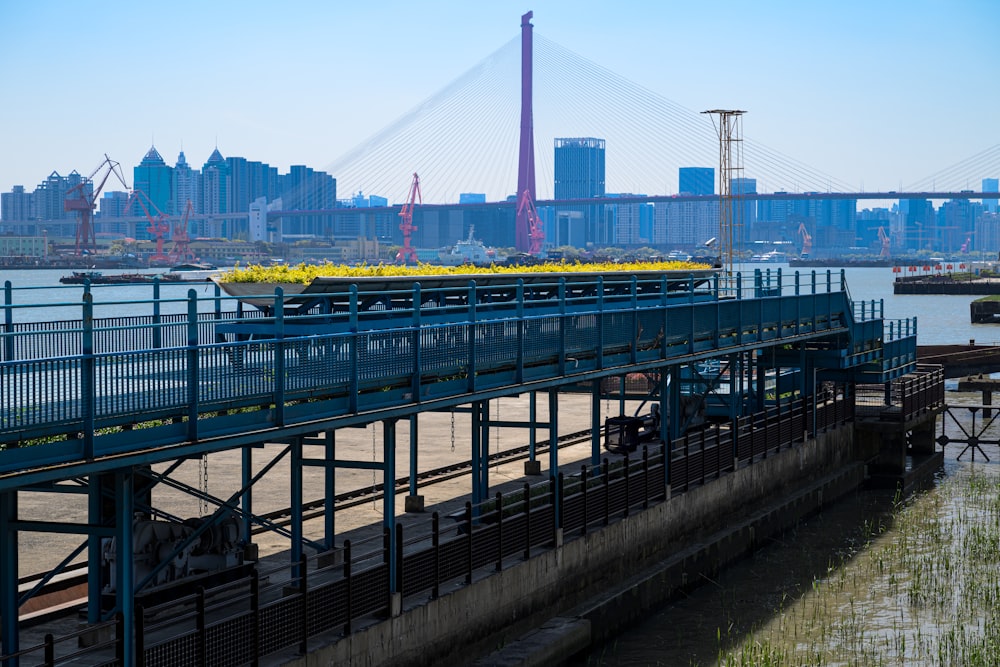 a bridge over a body of water with a city in the background