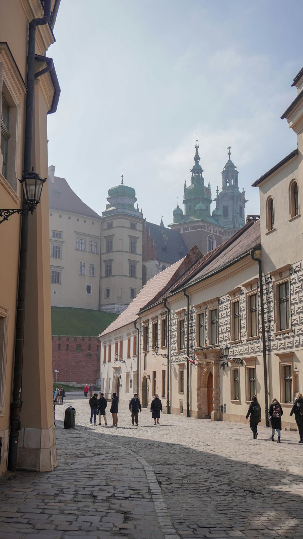 a group of people walking down a cobblestone street