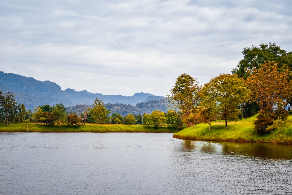 uno specchio d'acqua circondato da alberi e montagne