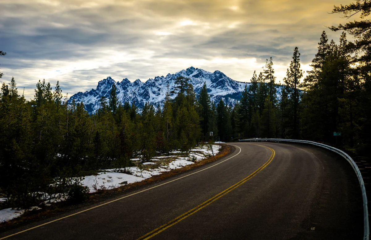 A paved road curving through pines in Plumas National Forest, with snow on the verge and jagged snowy peaks behind