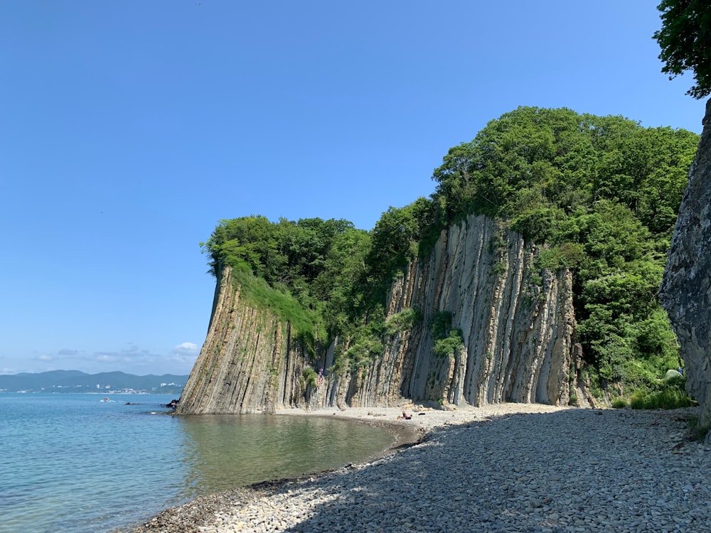 a rocky beach next to a body of water